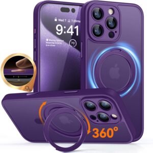 CANSHN iPhone 16 Pro 用 ケース Magsafe対応 360°回転スタンド 縦横多角度対応 カメラ周辺保護 ワイヤレス充電 あいふおん 16 Pro 用 ケース 耐衝撃 エアガードコーナー 傷つき防止 指紋防止 リング マグネット搭載 マット感 アイフォン16 Pro 用 カバー ディープパープル