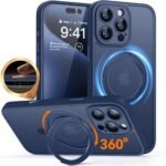CANSHN iPhone 16 Pro 用 ケース Magsafe対応 360°回転スタンド 縦横多角度対応 カメラ周辺保護 ワイヤレス充電 あいふおん 16 Pro 用 ケース 耐衝撃 エアガードコーナー 傷つき防止 指紋防止 リング マグネット搭載 マット感 アイフォン16 Pro 用 カバー ディープブルー