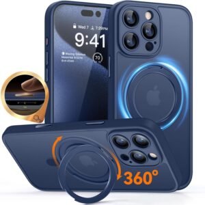 CANSHN iPhone 16 Pro 用 ケース Magsafe対応 360°回転スタンド 縦横多角度対応 カメラ周辺保護 ワイヤレス充電 あいふおん 16 Pro 用 ケース 耐衝撃 エアガードコーナー 傷つき防止 指紋防止 リング マグネット搭載 マット感 アイフォン16 Pro 用 カバー ディープブルー
