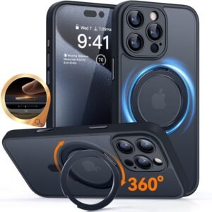 CANSHN iPhone 16 Pro 用 ケース Magsafe対応 360°回転スタンド 縦横多角度対応 カメラ周辺保護 ワイヤレス充電 あいふおん 16 Pro 用 ケース 耐衝撃 エアガードコーナー 傷つき防止 指紋防止 リング マグネット搭載 マット感 アイフォン16 Pro 用 カバー ブラック
