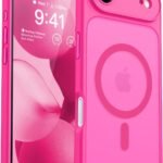 CANSHN iPhone Air 用 ケース Magsafe対応 カメラ周辺保護 ワイヤレス充電 あいふおん Air 用 ケース 耐衝撃 エアガードコーナー 傷つき防止 指紋防止 リング マグネット搭載 半透明マット仕上げ アイフォンAir 用 カバー- ホットピンク