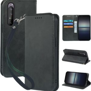seninhi 対応 Xperia 1 II SO-51A SOG01 用の ケース 手帳型 ソニーエクスペリア 1 II スマホケース 携帯ケース 職人仕様 手縫い革ケース 手帳型ケース スタンド機能付き 財布型 360度保護 耐衝撃 カード収納 レザー 多機能 ベルトループ付き‌ おしゃれ 携帯カバー ブラック XNWX12PG