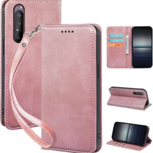 seninhi 対応 Xperia 1 II SO-51A SOG01 用の ケース 手帳型 ソニーエクスペリア 1 II スマホケース 携帯ケース 職人仕様 手縫い革ケース 手帳型ケース スタンド機能付き 財布型 360度保護 耐衝撃 カード収納 レザー 多機能 ベルトループ付き‌ おしゃれ 携帯カバー ライトローズゴールド XNWX12PG