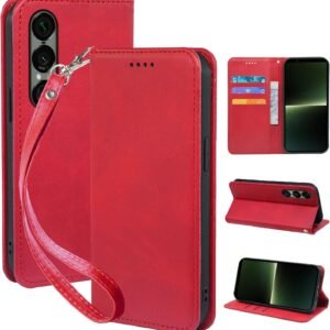 seninhi 対応 Xperia 1 VII 用の ケース 手帳型 エクスペリア1 VII SO-51F / XQ-FS44 スマホケース 職人仕様 手縫い革ケース 手帳スタンド機能付き 財布型 360度保護 耐衝撃 カード収納 レザー 多機能 ベルトループ付き‌ おしゃれ 携帯カバー レッド XNWX17PG