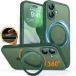 CANSHN iPhone 17 用 ケース Magsafe対応 360°回転スタンド 縦横多角度対応 カメラ周辺保護 ワイヤレス充電 あいふおん 17 用 ケース 耐衝撃 エアガードコーナー 傷つき防止 指紋防止 リング マグネット搭載 マット感 アイフォン17 用 カバー ディープグリーン