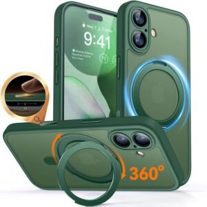 CANSHN iPhone 17 用 ケース Magsafe対応 360°回転スタンド 縦横多角度対応 カメラ周辺保護 ワイヤレス充電 あいふおん 17 用 ケース 耐衝撃 エアガードコーナー 傷つき防止 指紋防止 リング マグネット搭載 マット感 アイフォン17 用 カバー ディープグリーン