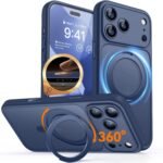 CANSHN iPhone 17 Pro 用 ケース Magsafe対応 360°回転スタンド 縦横多角度対応 カメラ周辺保護 ワイヤレス充電 あいふおん 17 Pro 用 ケース 耐衝撃 エアガードコーナー 傷つき防止 指紋防止 リング マグネット搭載 マット感 アイフォン17 Pro 用 カバー ディープブルー