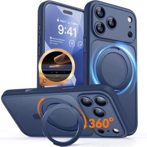 CANSHN iPhone 17 Pro 用 ケース Magsafe対応 360°回転スタンド 縦横多角度対応 カメラ周辺保護 ワイヤレス充電 あいふおん 17 Pro 用 ケース 耐衝撃 エアガードコーナー 傷つき防止 指紋防止 リング マグネット搭載 マット感 アイフォン17 Pro 用 カバー ディープブルー