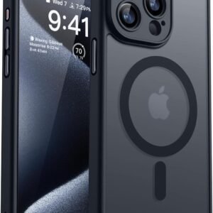 CANSHN iPhone 15 Pro 用 ケース Magsafe対応 カメラ周辺保護 ワイヤレス充電 あいふおん 15 Pro 用 ケース 耐衝撃 エアガードコーナー 傷つき防止 指紋防止 リング マグネット搭載 半透明マット仕上げ アイフォン 15 Pro 用 カバー- ブラック