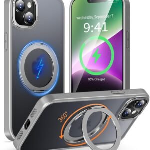KWATUNG 互換品 iphone14 用 ケース magsafe対応 ワイヤレス充電 いphone14 用ケース 耐衝撃 iphone13 用スマホケース magsafe対応 360°回転スタンド 縦横両対応 アイフォン14 用スマホケース マグネット搭載 アイフォン13用カバー 米軍MIL規格 iphone 13 用 iphone 14 用 6.1インチ マット感 チタングレー