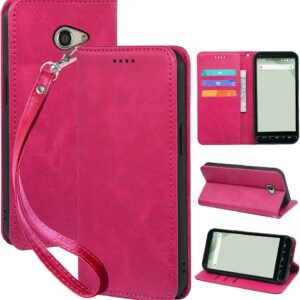 Seninhi 対応 京セラ BASIO4 KYV47 / かんたんスマホ2 A001KC ケース 手帳型 手縫いレザー スマホカバー 財布型 携帯ケース カード収納 スタンド機能 耐衝撃 360°保護 ベルトループ付き (ローズレッド)