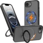 【 米軍MIL規格・Magsafe対応】iPhone 16E / 17E 用 ケース Magsafe対応 ワイヤレス充電 フリップスタンド機能 縦横両対応 スマホケース いPhone 16e 米軍規格 耐衝撃 半透明 マット感 マグセーフ 防指紋 リング マグネット搭載 ぐーくるぴくせるiphone 16e カバー「ブラック」JCJCLY-IP16ECASE