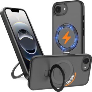 【 米軍MIL規格・Magsafe対応】iPhone 16E / 17E 用 ケース Magsafe対応 ワイヤレス充電 フリップスタンド機能 縦横両対応 スマホケース いPhone 16e 米軍規格 耐衝撃 半透明 マット感 マグセーフ 防指紋 リング マグネット搭載 ぐーくるぴくせるiphone 16e カバー「ブラック」JCJCLY-IP16ECASE