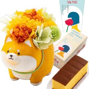 長崎心泉堂 母の日 花とお菓子 プリザーブド フラワー ギフト プレゼント まるっと 柴犬 イエロー 和菓子 母の日カステラ セット アニマル MDPE