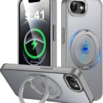 iPhone 17e / iPhone 16e 用 ケース Magsafe対応 ワイヤレス充電 360°回転スタンド 縦横両対応 Gunwon スマホケース あいふおん 17e / あいふおん 16e 用 半透明 マット感 防指紋 米軍規格 耐衝撃 マグセーフ リング マグネット搭載 アイフォン 17e / アイフォン 16e 用 カバー「グレー」