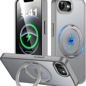 iPhone 17e / iPhone 16e 用 ケース Magsafe対応 ワイヤレス充電 360°回転スタンド 縦横両対応 Gunwon スマホケース あいふおん 17e / あいふおん 16e 用 半透明 マット感 防指紋 米軍規格 耐衝撃 マグセーフ リング マグネット搭載 アイフォン 17e / アイフォン 16e 用 カバー「グレー」