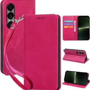 seninhi 対応 Xperia 1 VII 用の ケース 手帳型 エクスペリア1 VII SO-51F / XQ-FS44 スマホケース 職人仕様 手縫い革ケース 手帳スタンド機能付き 財布型 360度保護 耐衝撃 カード収納 レザー 多機能 ベルトループ付き‌ おしゃれ 携帯カバー ローズレッド XNWX17PG