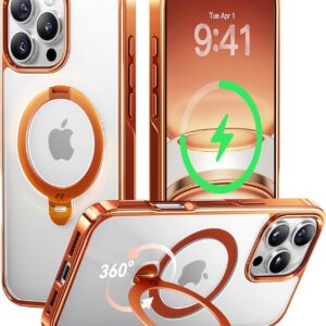【透き通る上質感・定点360°回転】CASEKOO iPhone 16 Pro 用ケース クリア 米軍MIL規格 金属感 キラキラ フィット感 MagSafe対応 最大25W急速充電対応 横縦両立 角度自在 超強磁力 耐衝撃 高耐久性 ラップホール付き 真空メッキ 透明 黄変防止 いphone16pro 用ケース 6.3インチ「MagicStand Pro Kosai」(オレンジ)