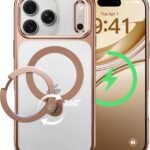 【透き通る上質感・定点360°回転】CASEKOO iPhone 17 Pro 用ケース クリア 耐黄変 横縦両立 角度自在 MagSafe対応 米軍規格保護 耐衝撃 最大25W急速充電対応 フィット感 ラップホール付き 透明 いphone17pro 用ケース 6.3インチ「MagicStand Pro Kori」(デザートチタニウム)