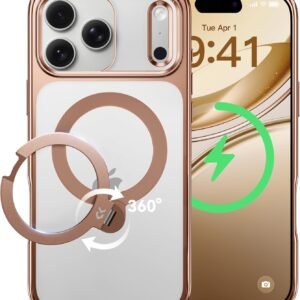 【透き通る上質感・定点360°回転】CASEKOO iPhone 17 Pro 用ケース クリア 耐黄変 横縦両立 角度自在 MagSafe対応 米軍規格保護 耐衝撃 最大25W急速充電対応 フィット感 ラップホール付き 透明 いphone17pro 用ケース 6.3インチ「MagicStand Pro Kori」(デザートチタニウム)