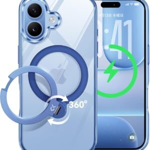 【透き通る上質感・定点360°回転】CASEKOO iPhone 17 用ケース クリア 耐黄変 横縦両立 角度自在 MagSafe対応 米軍規格保護 耐衝撃 最大25W急速充電対応 フィット感 ラップホール付き 透明 いphone17用ケース 6.3インチ「MagicStand Pro Kori」(ブルー)