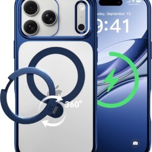 【透き通る上質感・定点360°回転】CASEKOO iPhone 17 Pro 用ケース クリア 耐黄変 横縦両立 角度自在 MagSafe対応 米軍規格保護 耐衝撃 最大25W急速充電対応 フィット感 ラップホール付き 透明 いphone17pro 用ケース 6.3インチ「MagicStand Pro Kori」(ブルーメッキ)