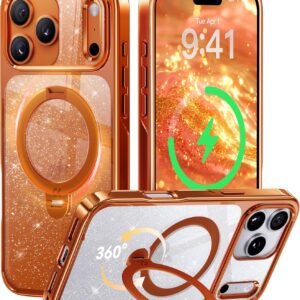 【透き通る上質感・定点360°回転】CASEKOO iPhone 17 Pro 用ケース キラキラ クリア 米軍規格保護 フィット感 MagSafe対応 最大25W急速充電対応 横縦両立 角度自在 超強磁力 耐衝撃 高耐久性 ラップホール付き 透明 黄変防止 いphone17pro 用ケース 6.3インチ「MagicStand Pro Glitter」（ラメ入りクリア）
