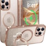 【透き通る上質感・定点360°回転】CASEKOO iPhone 16 Pro Max 用ケース キラキラ クリア 米軍規格保護 フィット感 MagSafe対応 最大25W急速充電対応 横縦両立 角度自在 超強磁力 耐衝撃 高耐久性 ラップホール付き 透明 黄変防止 いphone16promax 用ケース 6.9インチ「MagicStand Pro Glitter」（ラメ入りゴールド）