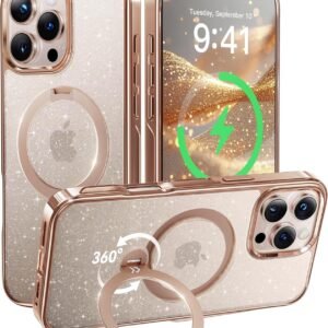 【透き通る上質感・定点360°回転】CASEKOO iPhone 16 Pro Max 用ケース キラキラ クリア 米軍規格保護 フィット感 MagSafe対応 最大25W急速充電対応 横縦両立 角度自在 超強磁力 耐衝撃 高耐久性 ラップホール付き 透明 黄変防止 いphone16promax 用ケース 6.9インチ「MagicStand Pro Glitter」（ラメ入りゴールド）