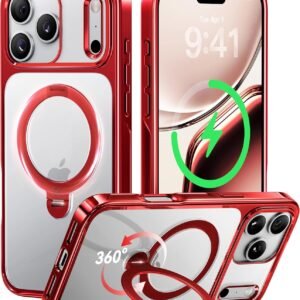 【透き通る上質感・定点360°回転】CASEKOO iPhone 17 Pro 用ケース クリア 耐黄変 横縦両立 角度自在 MagSafe対応 米軍規格保護 耐衝撃 最大25W急速充電対応 フィット感 ラップホール付き 透明 いphone17pro 用ケース 6.3インチ「MagicStand Pro Kori」(レッド)