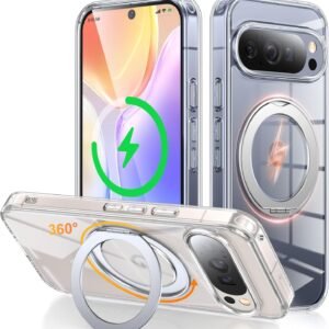 Google Pixel 10 Pro XL 用 ケース Magsafe対応 ワイヤレス充電 360°回転スタンド 縦横両対応 Gunwon スマホケース グーグル ピクセル 10 プロ XL 透明 米軍規格 耐衝撃 マグセーフ リング マグネット搭載 ぐーくるぴくせる10 ProXL カバー「クリア」