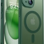 CANSHN iPhone 15 用 ケース Magsafe対応 カメラ周辺保護 ワイヤレス充電 あいふおん 15 用 ケース 耐衝撃 エアガードコーナー 傷つき防止 指紋防止 リング マグネット搭載 半透明マット仕上げ アイフォン 15 用 カバー- ディープグリーン