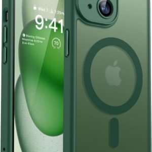 CANSHN iPhone 15 用 ケース Magsafe対応 カメラ周辺保護 ワイヤレス充電 あいふおん 15 用 ケース 耐衝撃 エアガードコーナー 傷つき防止 指紋防止 リング マグネット搭載 半透明マット仕上げ アイフォン 15 用 カバー- ディープグリーン