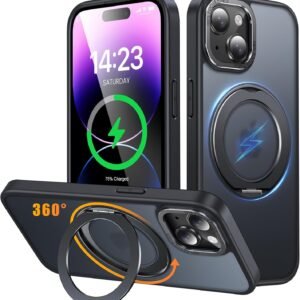 iPhone 14 Plus 用 ケース Magsafe対応 ワイヤレス充電 360°回転スタンド 縦横両対応 Gunwon スマホケース iphone14 Plus 用 米軍規格 耐衝撃 半透明 マット感 マグセーフ 防指紋 リング マグネット搭載 アイフォン14プラス 用 カバー「ブラック」