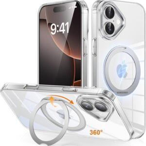 iPhone 16 用 ケース Magsafe対応 ワイヤレス充電 360°回転スタンド 縦横両対応 Gunwon スマホケース iphone16 用 米軍規格 耐衝撃 半透明 マット感 マグセーフ 防指紋 リング マグネット搭載 アイフォン16 用 カバー「クリア」
