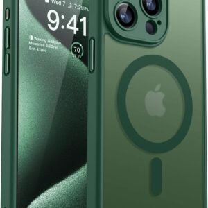 CANSHN iPhone 15 Pro 用 ケース Magsafe対応 カメラ周辺保護 ワイヤレス充電 あいふおん 15 Pro 用 ケース 耐衝撃 エアガードコーナー 傷つき防止 指紋防止 リング マグネット搭載 半透明マット仕上げ アイフォン 15 Pro 用 カバー- ディープグリーン