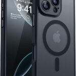 CANSHN iPhone 16 Pro 用 ケース Magsafe対応 カメラ周辺保護 ワイヤレス充電 あいふおん 16 Pro 用 ケース 耐衝撃 エアガードコーナー 傷つき防止 指紋防止 リング マグネット搭載 半透明マット仕上げ アイフォン 16 Pro 用 カバー- ブラック