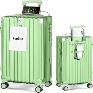[SupTrip] スーツケース 機内持ち込み 多機能 キャリーケース 大型 超軽量 キャリーバッグ 耐衝撃 USBポート付き カップホルダー付き 充電機能 荷物フック 隠しフック機能 静音 ダブルキャスター 360度回転 修学 泊まる 旅行 出張 (グリーン, M (50L/3-6泊))