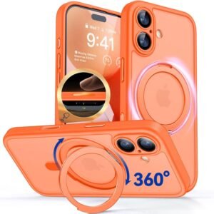 CANSHN iPhone 17 用 ケース Magsafe対応 360°回転スタンド 縦横多角度対応 カメラ周辺保護 ワイヤレス充電 あいふおん 17 用 ケース 耐衝撃 エアガードコーナー 傷つき防止 指紋防止 リング マグネット搭載 アイフォン17 用 カバー オレンジ