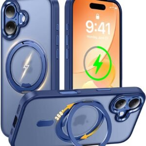 iPhone 17 用 ケース Magsafe対応 【カチカチ固定できる360°回転スタンド】 マグネット ワイヤレス充電 アイフォン17 スマホケース リング 車載ホルダー 縦横多角度 対応 Uovon いphone17 カバー マット 半透明 アイホン17 携帯ケース 金属ボタン 黄変防止 米軍MIL規格 ・ ブルー
