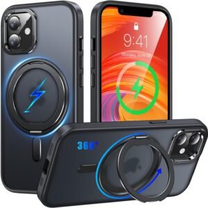iPhone 11 用 ケース Magsafe対応 360°回転スタンド アイフォン11 携帯ケース リング マグネット ワイヤレス充電 縦横多角度 対応 カバー Uovon アイホン11 スマホケース 車載ホルダー ストラップ穴付き マット 半透明 指紋防止 黄变防止 金属ボタン 米軍MIL規格 ・ ブラック