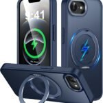 iPhone 17e / iPhone 16e 用 ケース Magsafe対応 ワイヤレス充電 360°回転スタンド 縦横両対応 Gunwon スマホケース あいふおん 17e / あいふおん 16e 用 米軍規格 耐衝撃 半透明 マット感 防指紋 マグセーフ リング マグネット搭載 アイフォン 17e / アイフォン 16e 用 カバー「ブルー」