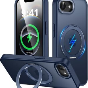 iPhone 17e / iPhone 16e 用 ケース Magsafe対応 ワイヤレス充電 360°回転スタンド 縦横両対応 Gunwon スマホケース あいふおん 17e / あいふおん 16e 用 米軍規格 耐衝撃 半透明 マット感 防指紋 マグセーフ リング マグネット搭載 アイフォン 17e / アイフォン 16e 用 カバー「ブルー」