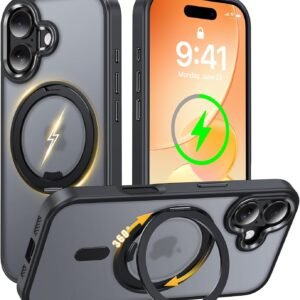 iPhone 17 用 ケース Magsafe対応 【カチカチ固定できる360°回転スタンド】 マグネット ワイヤレス充電 アイフォン17 スマホケース リング 車載ホルダー 縦横多角度 対応 Uovon いphone17 カバー マット 半透明 アイホン17 携帯ケース 金属ボタン 黄変防止 米軍MIL規格 ・ ブラック