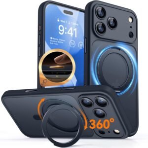 CANSHN iPhone 17 Pro 用 ケース Magsafe対応 360°回転スタンド 縦横多角度対応 カメラ周辺保護 ワイヤレス充電 あいふおん 17 Pro 用 ケース 耐衝撃 エアガードコーナー 傷つき防止 指紋防止 リング マグネット搭載 マット感 アイフォン17 Pro 用 カバー ブラック