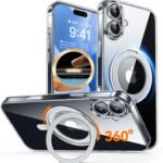 CANSHN iPhone 17 用 ケース Magsafe対応 360°回転スタンド 縦横多角度対応 カメラ周辺保護 ワイヤレス充電 あいふおん 17 用 ケース 耐衝撃 エアガードコーナー 傷つき防止 指紋防止 リング マグネット搭載 アイフォン17 用 カバー 透明