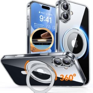 CANSHN iPhone 17 用 ケース Magsafe対応 360°回転スタンド 縦横多角度対応 カメラ周辺保護 ワイヤレス充電 あいふおん 17 用 ケース 耐衝撃 エアガードコーナー 傷つき防止 指紋防止 リング マグネット搭載 アイフォン17 用 カバー 透明