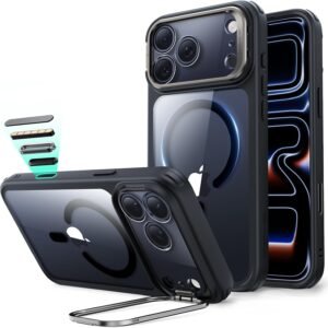 【デザイン受賞シリーズ！】ESR iPhone 17 Pro ケース MagSafe対応 3倍米軍MIL規格 カメラコントロールカバー 隠れスタンド 調整可能 ワイヤレス充電 エアガードコーナー 耐衝撃 傷防止 軽量 マグネットスマホケース 高耐久性 Qi2.2対応 最大25W高速充電 いphone17pro ケース iphone17Pro用Classicシリーズ クリア_ブラック