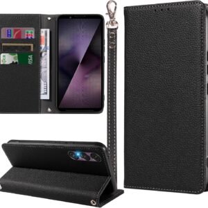 MINIKA Xperia 1 VII 用 ケース 手帳型 ストラップ付き 高級PUレザー エクスペリア1 VII ケース 手帳型 SO-51F XQ-FS44 スマホケース 耐衝撃 おしゃれ カード収納 横置きスタンド機能 内蔵マグネット 開閉式 両面 360度 全面保護 上質な手触り 擦り傷防止 汗や指紋防止 耐汚れ（ブラック）