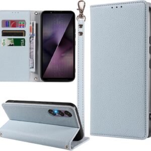 MINIKA Xperia 1 VII 用 ケース 手帳型 ストラップ付き 高級PUレザー エクスペリア1 VII ケース 手帳型 SO-51F XQ-FS44 スマホケース 耐衝撃 おしゃれ カード収納 横置きスタンド機能 内蔵マグネット 開閉式 両面 360度 全面保護 上質な手触り 擦り傷防止 汗や指紋防止 耐汚れ（ブルー）